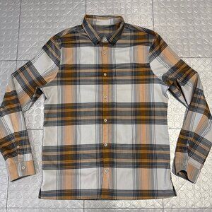Lululemon Masons Peak Flannel Button Up Front Shirt Black Gray Orange Plaid L
